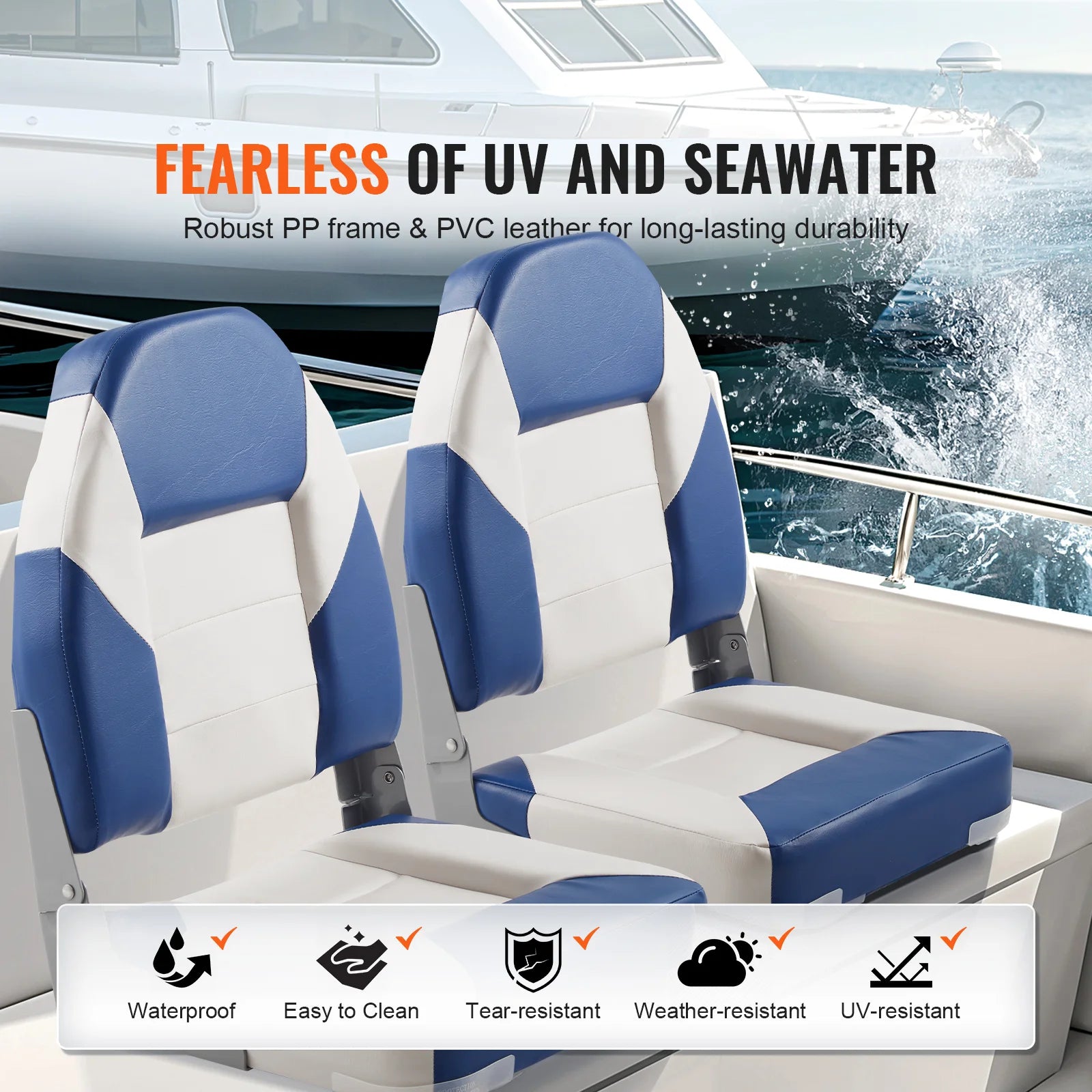 Succebuy 21.85" High Back Boat Seat Folding Boat Chair with Thickened Sponge Padding Fold-Down Boat Captain Chairs 2-Pack