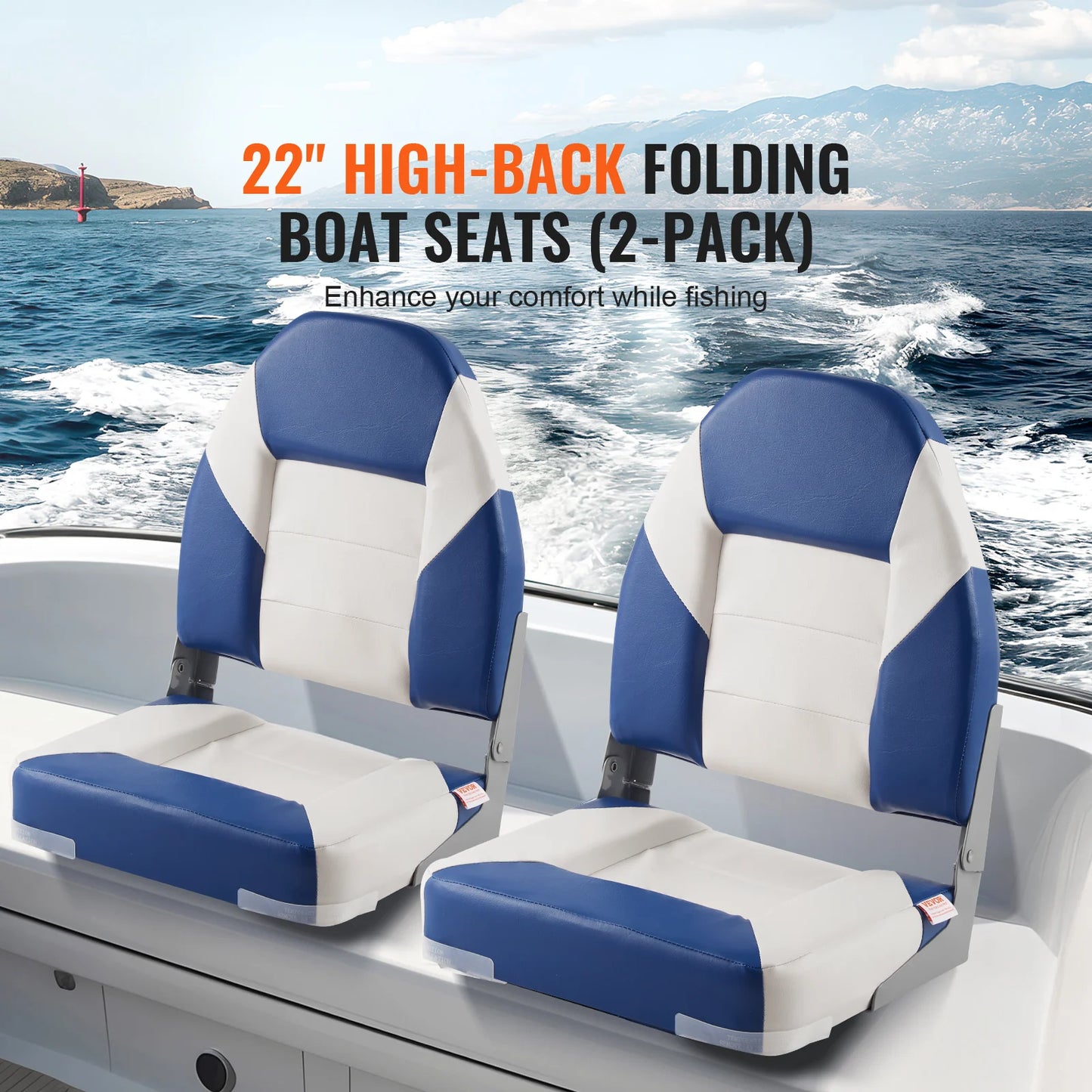 Succebuy 21.85" High Back Boat Seat Folding Boat Chair with Thickened Sponge Padding Fold-Down Boat Captain Chairs 2-Pack